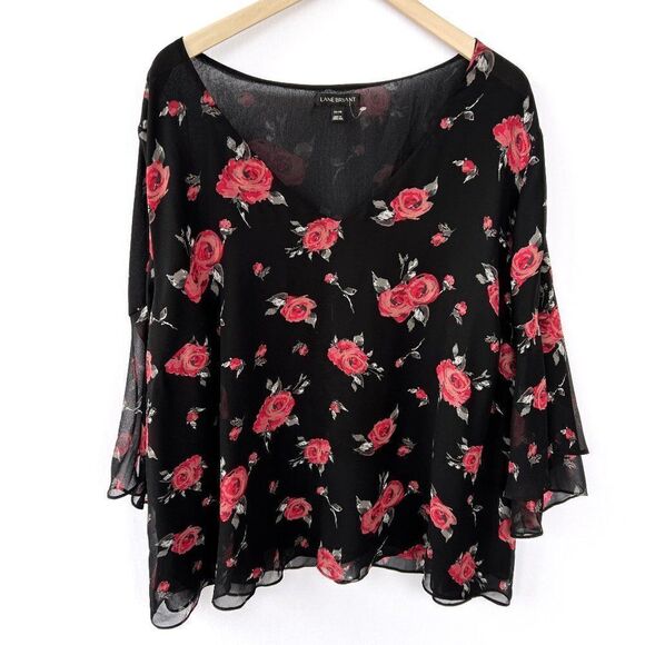 Lane Bryant Black Red Rose Floral Print Semi Sheer Ruffle Sleeve Top 26/28 - Picture 1 of 7